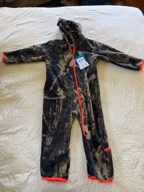 Columbia Kids Brown Camo Fleece One-Piece with Neon Orange Trim